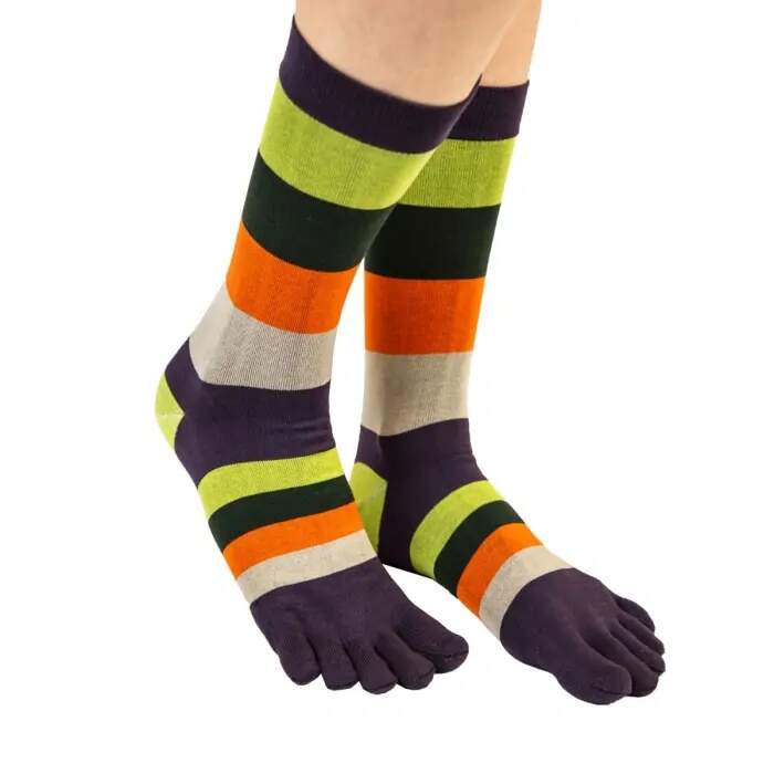 MEN FASHION barevné prstové ponožky ToeToe - PRUHY Fialová / Limetka 1 pár